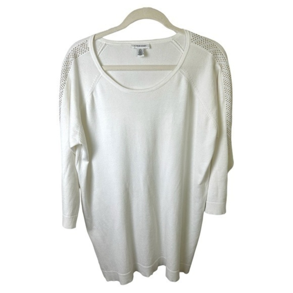 Calvin Klein Blouse Womens Large Lightweight 3/4 Sleeve Rhinestone Accents White